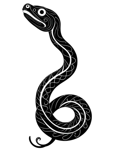 Coiled snake, clip-art style, black and white, minimalist design, bold lines, geometric patterns, spiral shape, raised head, forked tongue, scaly texture, smooth curves, close-up, high contrast, drama