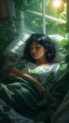 a lady with black hair sleeping on her comfortable bed, surrounded by green plants, soft ray of lights shine on her, soft ray of light effect, ultra HD, 8K image,dreamfall,casca,woman on bed,girl in b