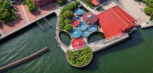 children's park next to the river, traditional Vietnamese architecture, tiled roof materials, glass wall materials, surrounded by city, topographic landscape, harbor in red position, river in position