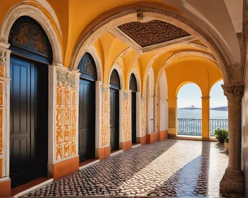 Historic Portuguese architecture, Manueline style, ornate stone carvings, grandiose entrance, Baroque influenced, whitewashed walls, terracotta rooftops, intricately tiled floors, Moorish arches, orna