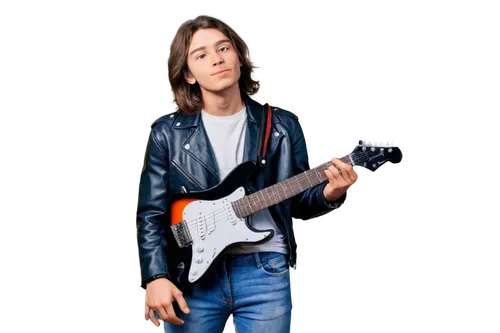 Electric guitar, rockstar pose, solo, spotlight, black leather jacket, blue jeans, white sneakers, holding guitar pick, strap around shoulder, messy brown hair, intense facial expression, stage lights