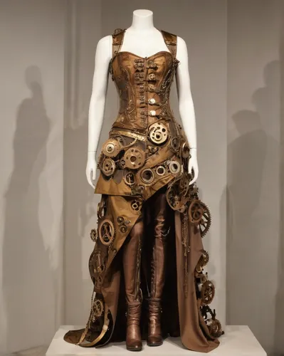 dress form,steampunk,steampunk gears,artist's mannequin,art nouveau,wooden mannequin,evening dress,art nouveau design,costume design,victorian fashion,doll dress,fashion design,cocktail dress,dress doll,bodice,rapunzel,haute couture,decorative figure,rococo,fashion designer,Illustration,Realistic Fantasy,Realistic Fantasy 13