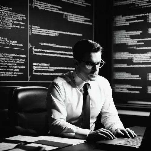 CISSP Security Architecture and Design Quiz, male character, 30s, mature, serious facial expression, short black hair, glasses, black suit, white shirt, tie, sitting at a desk, laptop open, multiple s