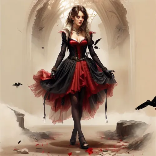 A young Women with many lives on her head. the Crows fly around her,a young woman dressed in a gothic fashion,queen of hearts,gothic dress,gothic woman,vampire lady,vampire woman,dhampir