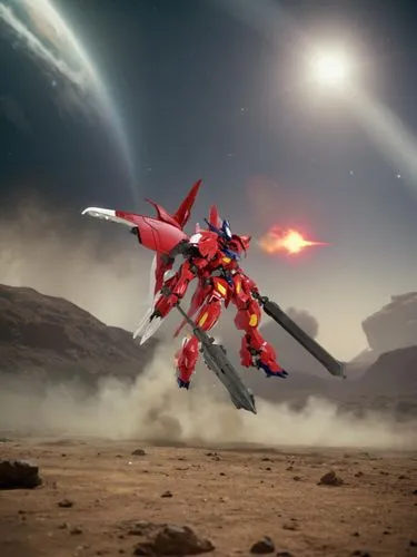 give it a space background which is in a space war with robots fighting and remains, stronger shadows, more colorful and anime style, and it needs to stand on the ground with dust flying around

,a re