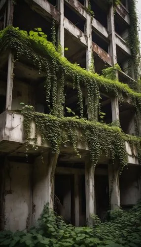 Deconstructed building, broken columns, shattered walls, twisted metal beams, fragmented concrete, irregular shapes, abstract forms, brutalist style, industrial texture, rusted steel, broken glass, ab