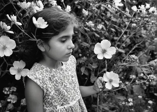 Imagine a beautiful garden with Shirine Boutella admiring the blooming flowers.,girl in flowers,girl picking flowers,beautiful girl with flowers,flower girl,girl in the garden,picking flowers,monochro