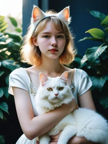 The young girl with the cat ears and fur of her slumbery eyes gazes out at the world from her eyes. Her neck is wrapped in fluffy white cat fur, and her hands gently move the dog's tongue. The girl's 