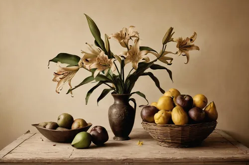 Lilies & Plantains: Sepia Toned Still Life Photograph of Flowers and Fruit,still life of spring,autumn still life,still life photography,summer still-life,still life with onions,still-life,still life,