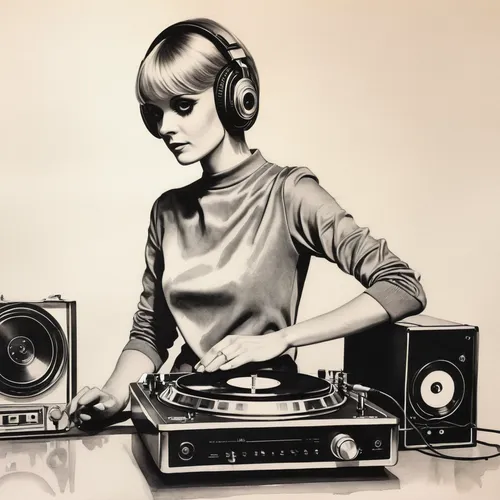 draw a ladty dj in silhouettte in pencil watercolour detailed, young, pretty, in 1960s clothing, twiggy, mary quant, ,disk jockey,disc jockey,thorens,dj equipament,audiophile,vinyl player,electronic m