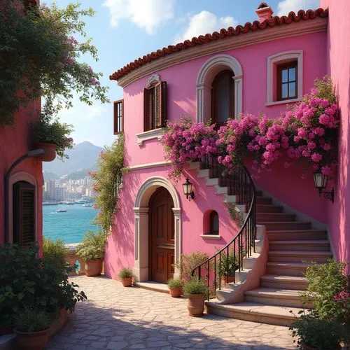 Fuchsia-colored regionalism style building, vibrant fuchsia walls, ornate fuchsia window frames, intricate fuchsia stonework, curved fuchsia roof tiles, lush greenery, blooming flowers, winding stairs