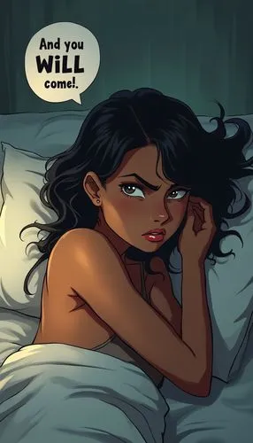 Draw in anime style 1 only:  a mean-looking Polynesian woman, with good muscle tone, ebony tan, tucked into bed laying on her side. Her eyes are open. She looks angry. She is speaking. A large speech 