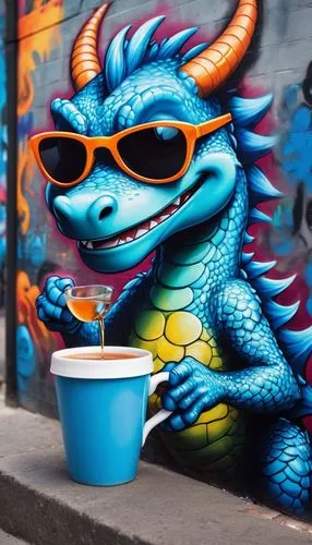 alebrije,blue coffee cups,painted dragon,koffiekamp,graffiti art,tea cup fella,Conceptual Art,Graffiti Art,Graffiti Art 07