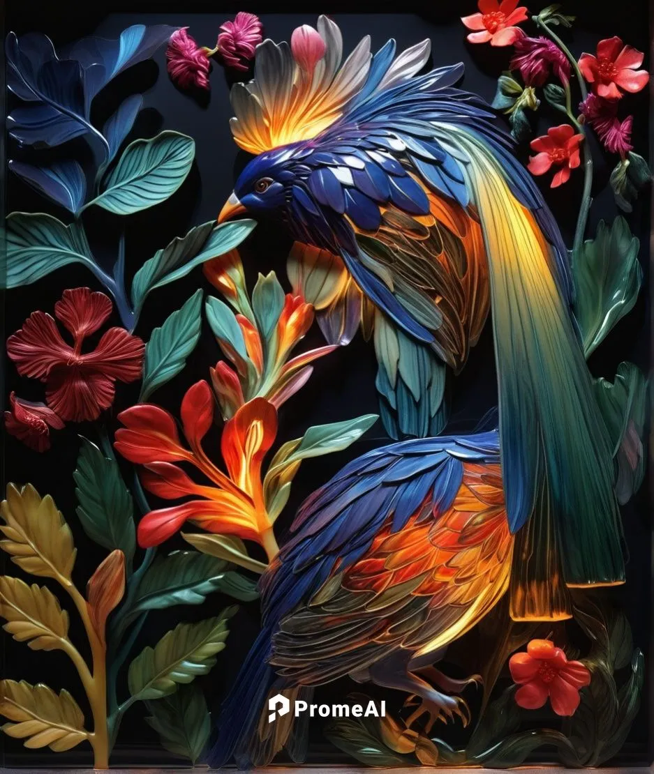 phoenix rooster,an ornamental bird,bird of paradise,ornamental bird,colorful birds,flower and bird illustration,glass painting,bird painting,flower bird of paradise,peacock,blue and gold macaw,rosella