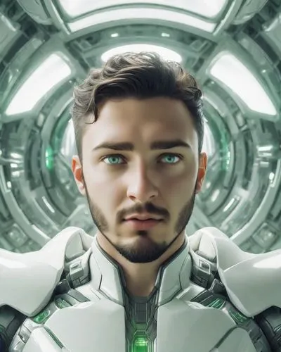 one male futuristic human being, upperbody, closeup, background is a white room with one large white lamp in the middle, in the style of futuristic, sci-fi elements, lively nature scenes, uniformly st