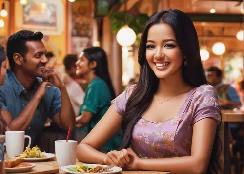 Write a romantic story about Catherine Tresa smiling at a stranger in a crowded cafe.,nepalese cuisine,indian chinese cuisine,south indian cuisine,woman at cafe,sri lankan cuisine,restaurants,banglade