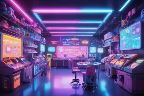 "AI-generated art, futuristic laboratory, sleek machines, holographic screens, robotic arms, intricate wires, neon lights, dark background, misty atmosphere, 3/4 composition, low-angle shot, cinematic