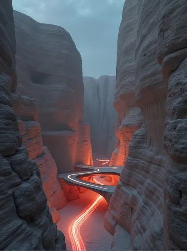 futuristic landscape,lava river,virtual landscape,radiator springs racers,red canyon tunnel,canyoneering,Photography,General,Realistic