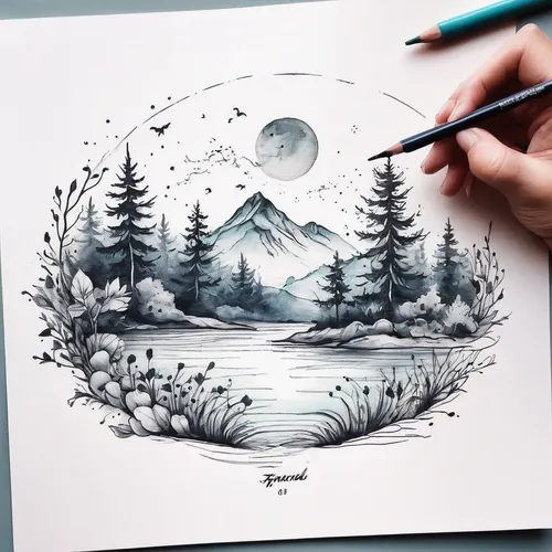 Draw a minimalist tattoo design inspired by the beauty of nature.,hand-drawn illustration,watercolor background,small landscape,watercolor,pencil art,watercolor painting,snow drawing,pen drawing,to dr