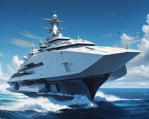 White Ultra-modern high-tech warship, laser guns, space distortion systems, takeoff engines, blue sky, blue sea,,a large white boat in the middle of the ocean,aircraft carrier,uss kitty hawk,marineau,