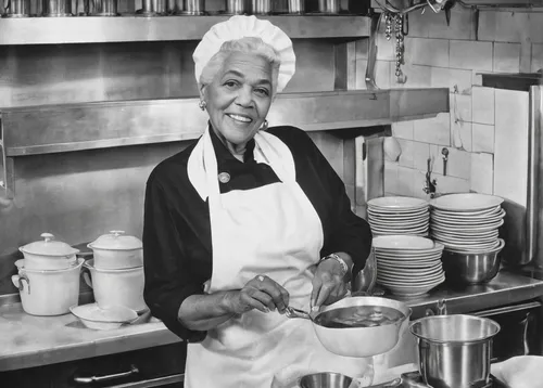 chitterlings,ethel waters,barbara millicent roberts,rose woodruff,chief cook,soup kitchen,chess pie,ester williams-hollywood,melba toast,woman holding pie,charlotte cushman,chef's uniform,cooks,cornbread,southern cooking,african american woman,cookware and bakeware,doris day,eritrean cuisine,queen of puddings,Illustration,Realistic Fantasy,Realistic Fantasy 21