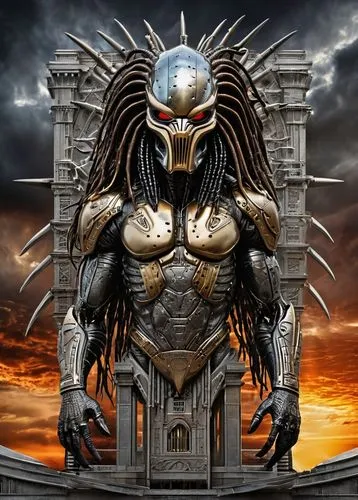 (((alien warrior "predator" , in a building black and white, dark matters))). Sunset. This transformation is captured in high-definition. Surrounding iridescent bodies are scattered in the center, dep