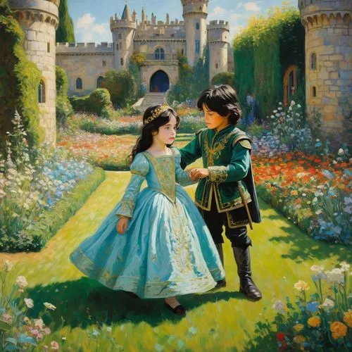 a fairy tale,fairy tale,little boy and girl,girl and boy outdoor,fantasy picture,prince and princess,fairytale,princedoms,cinderella,children's background,young couple,vintage boy and girl,serenade,english garden,fairytale characters,boy and girl,flower garden,principessa,enamorado,floral greeting,Art,Artistic Painting,Artistic Painting 04