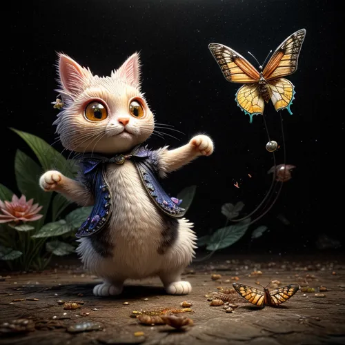 chasing butterflies,whimsical animals,papillon,cupido (butterfly),little girl fairy,vanessa (butterfly),digital compositing,3d fantasy,animal film,antasy,anthropomorphized animals,cute cartoon charact