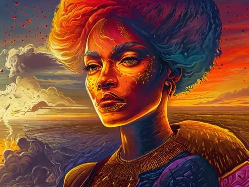 the painting is of a woman's face and body,nefertiti,afrofuturism,tretchikoff,holman,inanna,kahlo,Illustration,Realistic Fantasy,Realistic Fantasy 25