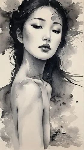 diwata,naiad,ink painting,girl in a long,charcoal drawing,girl drawing,inanna,ugetsu,water nymph,geisha girl,arhats,oriental girl,viveros,japanese art,tusche indian ink,ondine,huong,mystical portrait of a girl,salome,watercolor painting,Illustration,Paper based,Paper Based 30