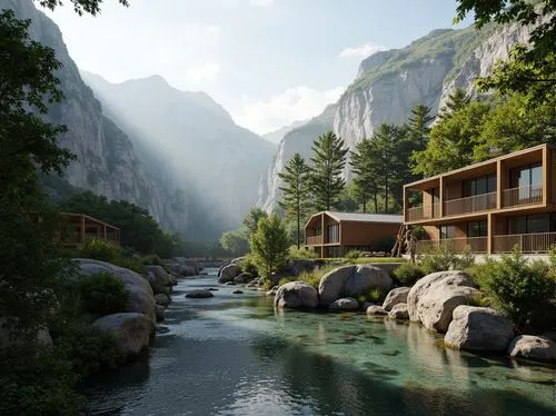 rivendell,house in the mountains,oberland,house in mountains,hushan,huashan,rendalen,mountain settlement,mountain valley,alpine village,kandern,river landscape,fallingwater,world digital painting,sansar,creekside,landscape background,idyllic,riverwood,lijiang