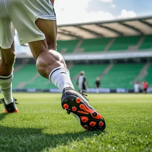 Eine seitliche Aufnahme eines Fußballspielers auf einem Rasenfeld. Der Fokus liegt auf seinem Fuß, der leicht nach innen geknickt ist, als ob der Spieler umknicken würde. Im Hintergrund ist das grüne 