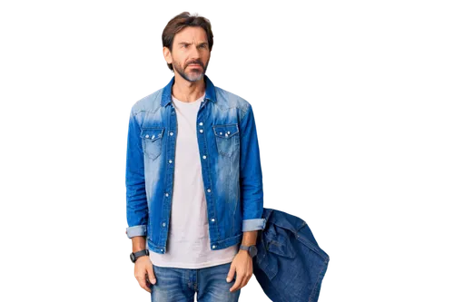 Mature man, worried expression, deep wrinkles, messy brown hair, thinning on top, yellowish teeth, worn-out denim jacket, casual white T-shirt, faded jeans, scuffed sneakers, leaning against wall, han