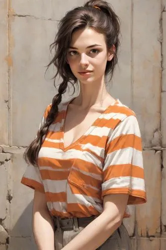 (normal ideal human proportions, mature face, real human proportions)(long shoulderlong hair, brunette, low loose ponytail, ponytail, visible forehead)(emerald eyes)(medium buxom)(inquisitive expressi