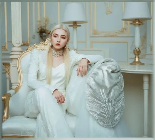 a girl in a white dress sits on a chair with a silver purse,silverthrone,white rose snow queen,throne,daenerys,valyrian,white velvet,Photography,Artistic Photography,Artistic Photography 12