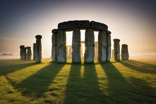 Ancient stone structure, Stonehenge inspiration, mystical atmosphere, misty morning, dew-kissed grass, intricate rock carvings, monumental pillars, circular arrangement, Neolithic era, English country