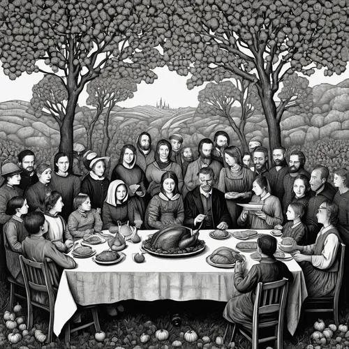 last supper,holy supper,thanksgiving table,mulberry family,long table,thanksgiving dinner,leittafel,dinner party,group of people,family dinner,thanksgiving,pesach,thanksgiving background,the dining board,family gathering,persian new year's table,food table,barberry family,placemat,engraving,Illustration,Black and White,Black and White 09