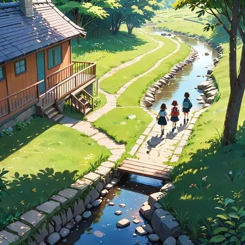 stroll,creek,studio ghibli,towpath,streams,ghibli,pathway,summer day,streamside,village life,summer cottage,hiking path,watermill,trail,walkway,stream,wooden path,paths,strolling,mountain spring,Anime,Anime,Realistic