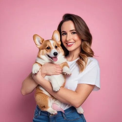 Una guapa morena con pantalones blanco y vaqueros sosteniendo y abrazando al cachorro corgi con el fondo rosado del avión. Amor a los animales, concepto de mascotas. mujer alegre sosteniendo al perro 