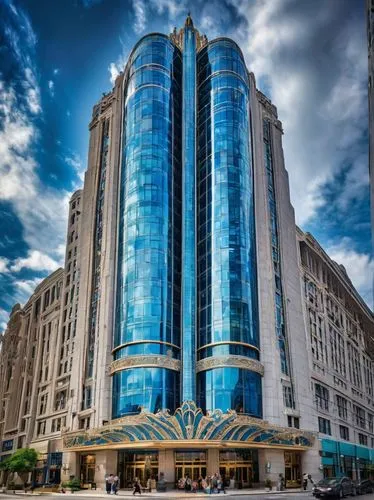 Modern skyscraper, sleek glass exterior, steel frame structure, curved lines, geometric shapes, vibrant blue and silver color scheme, detailed architectural designs, urban cityscape, bustling streets,