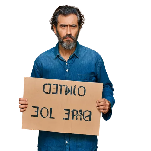 Homeless man, worn-out clothes, dirty beard, messy hair, tired eyes, slumped posture, holding a cardboard sign, standing by a street corner, urban setting, morning light, shallow depth of field, gritt