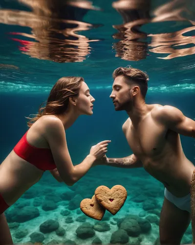 Write a story about two lovers who surprise each other with homemade Valentine cookies.,underwater background,photoshop manipulation,under the water,swimming people,underwater sports,photo session in 