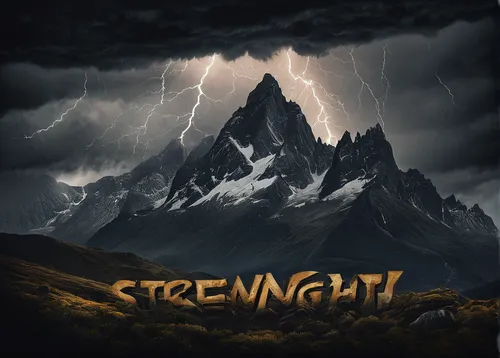 Produce a typography art piece featuring the word 'strength' using rugged, distressed fonts and powerful imagery of mountains and thunderstorms in a dark, moody atmosphere.,strengthening,strength,stre