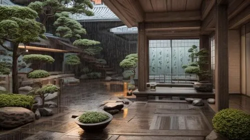 ryokan,japanese-style room,japanese zen garden,japan garden,zen garden,ryokans,asian architecture,courtyard,japanese umbrellas,indoor,inside courtyard,kyoto,japanese garden ornament,courtyards,garden design sydney,sake gardens,koi pond,dojo,rainy day,bamboo plants,Common,Common,Natural