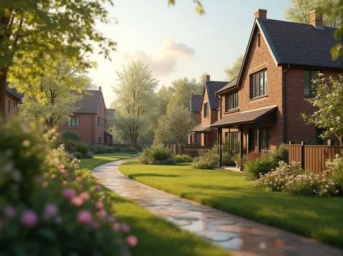 Residential areas, suburban neighborhoods, European-style villas, brick houses, greenery surroundings, blooming flowers, lush trees, sunny afternoon, gentle breeze, warm lighting, 3/4 composition, dep