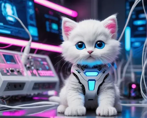 cute kitten, AI robot, shiny metallic body, glowing blue eyes, tiny nose, fluffy white fur, pink ears, little paws, sitting on a futuristic lab table, surrounded by wires, circuits, and screens, neon 