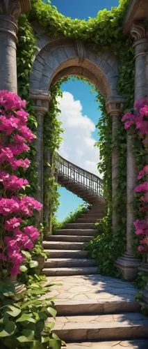 frame flora,garden door,to the garden,bougainvilleans,the threshold of the house,pathway,doorways,gardens,archways,3d background,entranceways,nature background,landscape background,summer border,pergola,walkway,cartoon video game background,flower garden,arbor,flower border frame,Illustration,Paper based,Paper Based 26