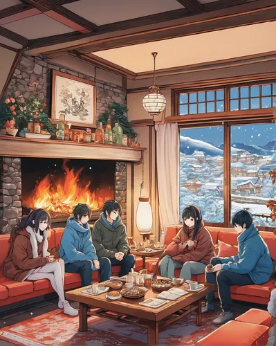 Transport your readers to a cozy winter evening, as friends gather by the fireplace in a brandy shop, savoring the warmth of the spirits and each other's company.,warm and cozy,winter festival,winter 