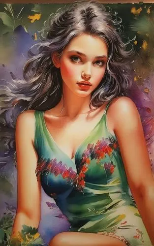 girl in flowers,flower painting,watercolor women accessory,art painting,glass painting,beautiful girl with flowers,oil painting on canvas,celtic woman,fabric painting,oil painting,girl picking flowers,hand painting,oriental painting,chinese art,splendor of flowers,fantasy art,offset printing,watermelon painting,colored pencil background,indian art,Illustration,Paper based,Paper Based 03