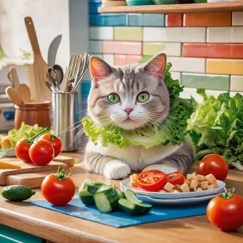 Whimsical salad cat, cute facial expression, green lettuce leaves as hair, cherry tomato nose, cucumber slice mouth, olive eyes, whiskers made of croutons, sitting in a colorful kitchen, surrounded by